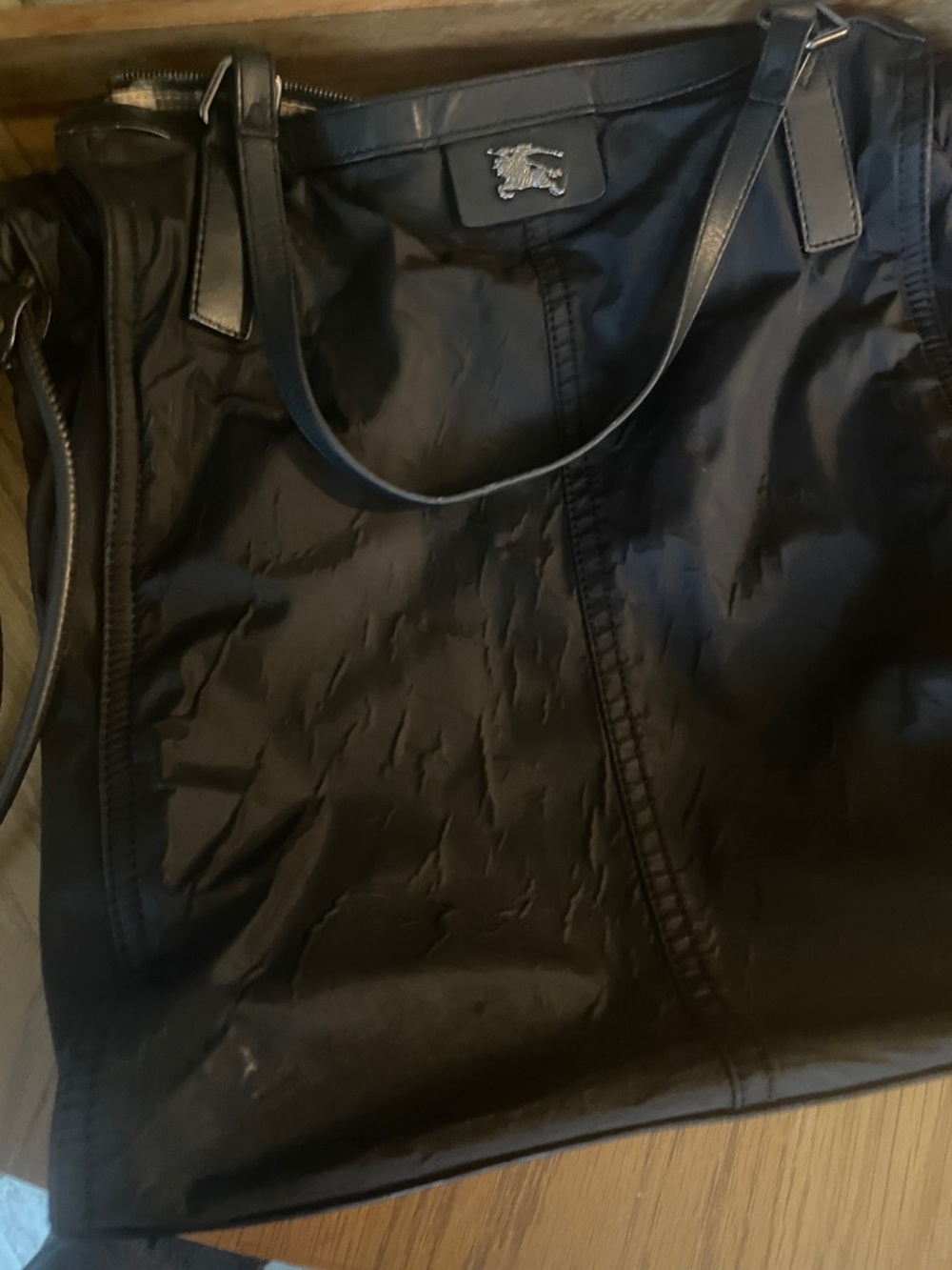 Burberry Black Nylon Tote with Silver Equestrian Plaque